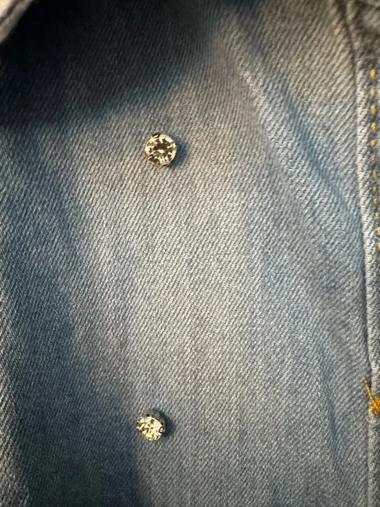 Oversized Blue Denim Pearl-Studded Button-Front Shirt - Picture 7 of 7
